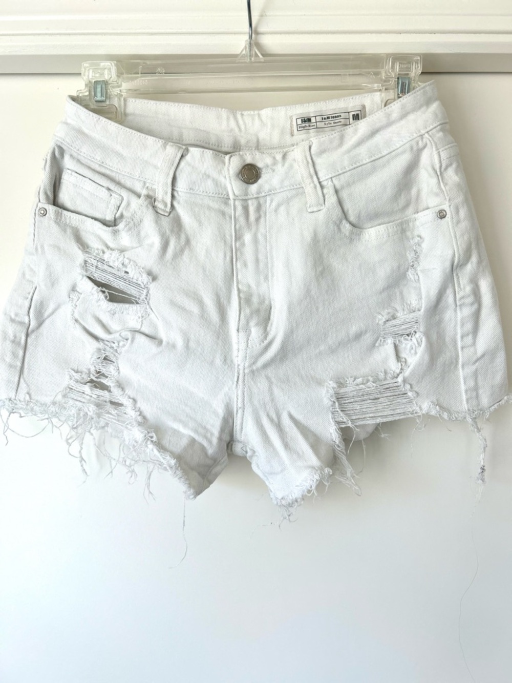 White Distressed High-Rise Denim Shorts